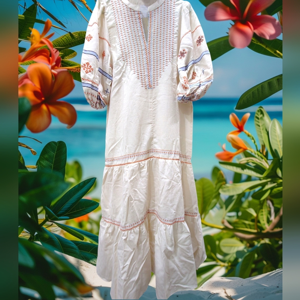 Off White Bohemian Maxi Dress with Embroidered Details